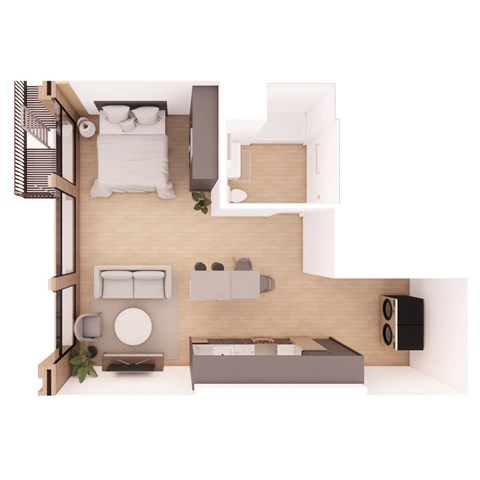 A top-down view of a bedroom with a bed, nightstand, and a couch.